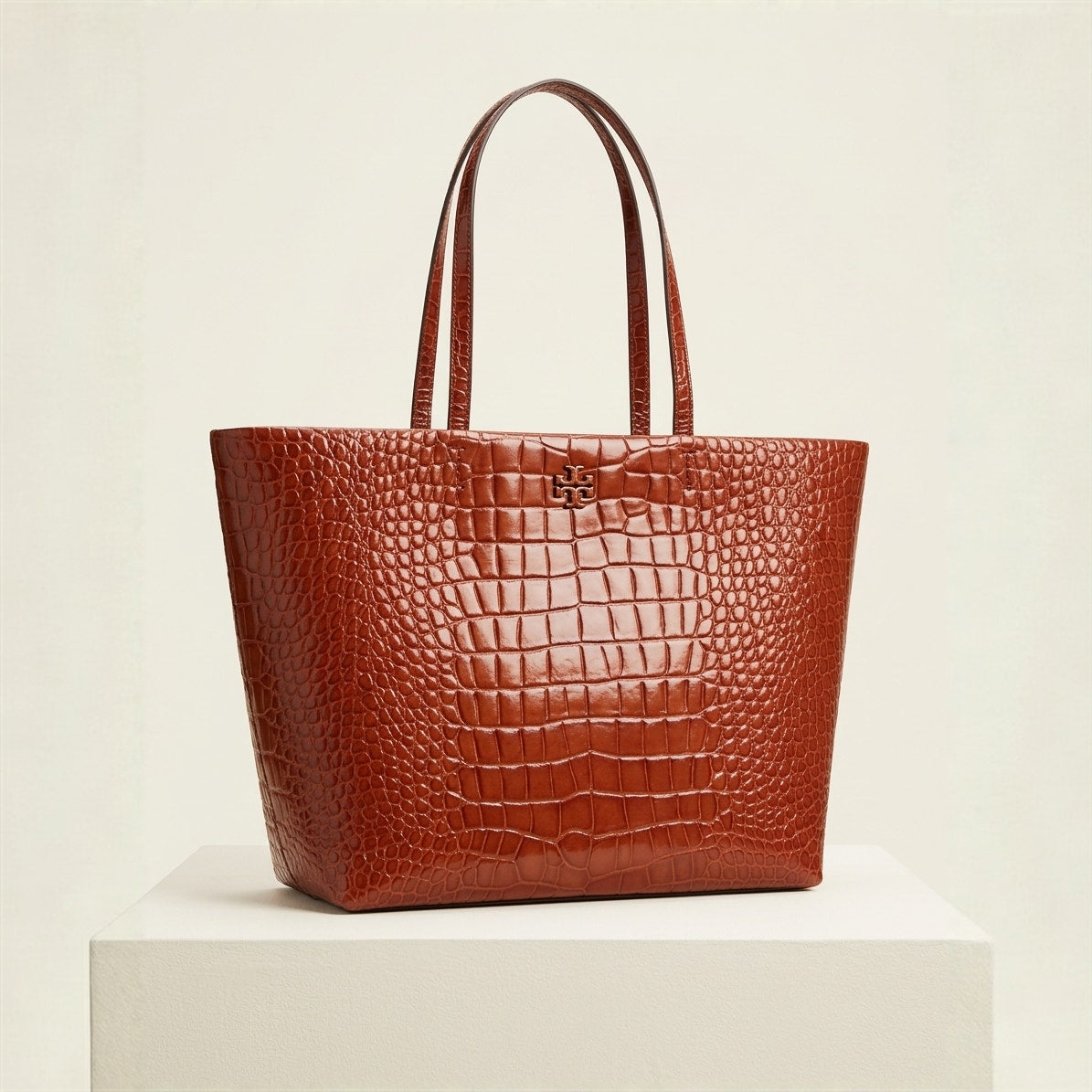 Tory Burch Thea Crocodile Work Tote Amber Brown