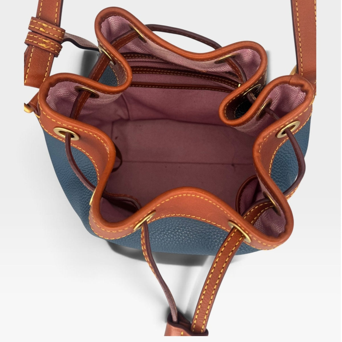 RARE $378 Dooney Bourke Dillen Drawstring Bucket Pebble Grain Blue Denim