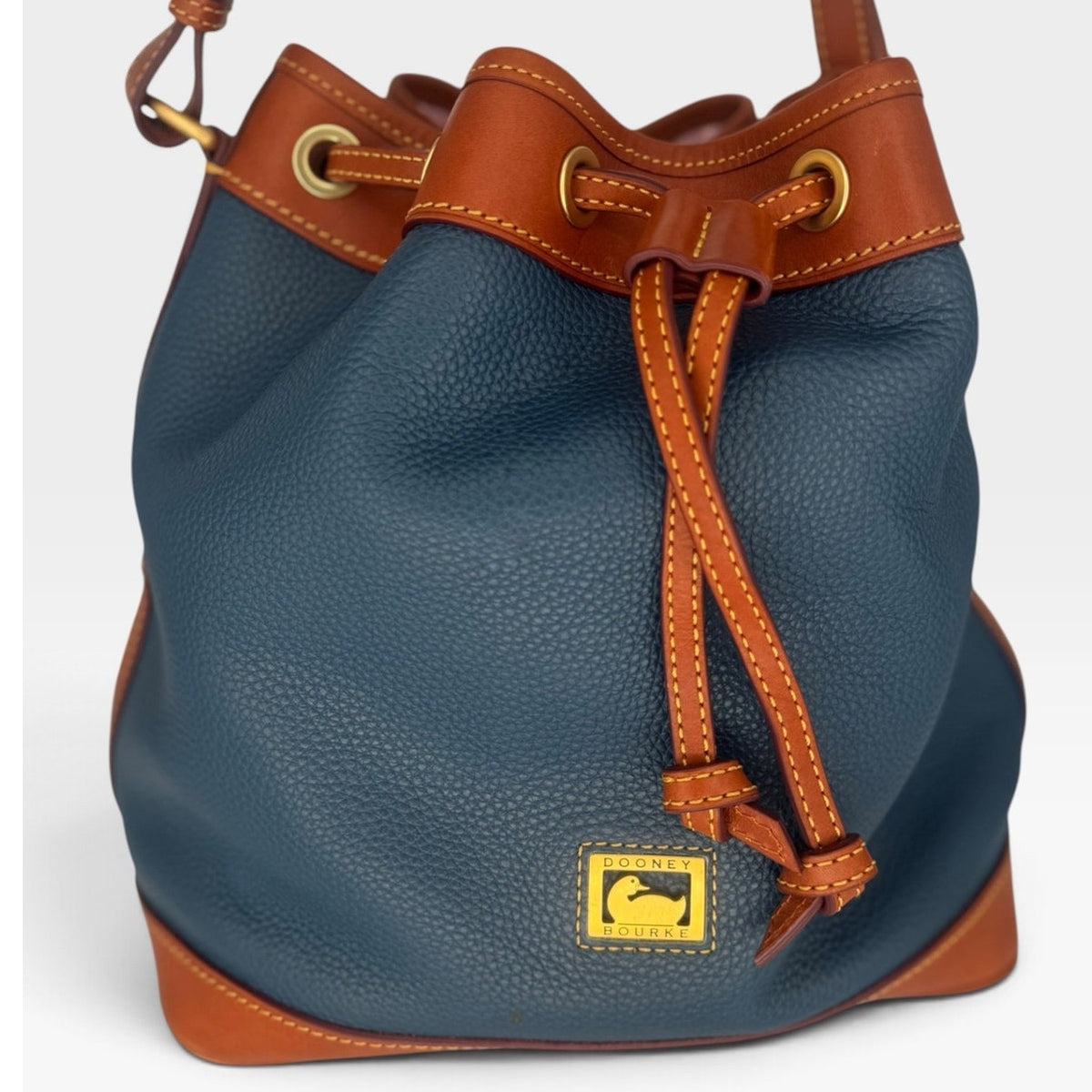 RARE $378 Dooney Bourke Dillen Drawstring Bucket Pebble Grain Blue Denim