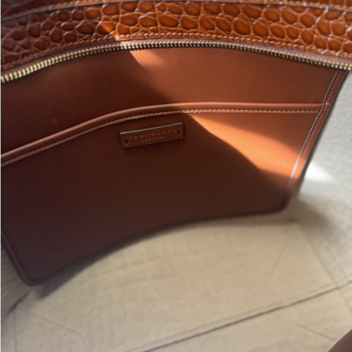 Tory Burch Thea Crocodile Work Tote Amber Brown